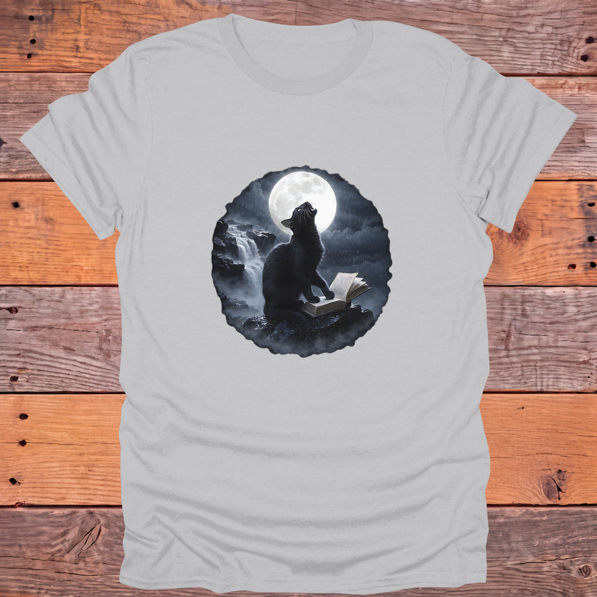Black Cat Moon Reader Gothic Bookish T-Shirt - Ice Grey