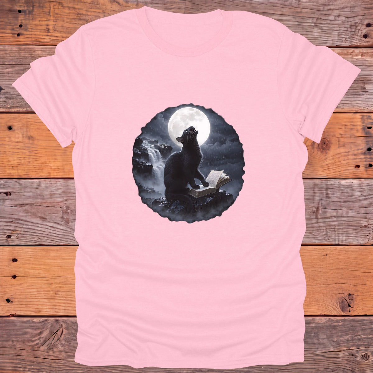 Black Cat Moon Reader Gothic Bookish T-Shirt - Light Pink