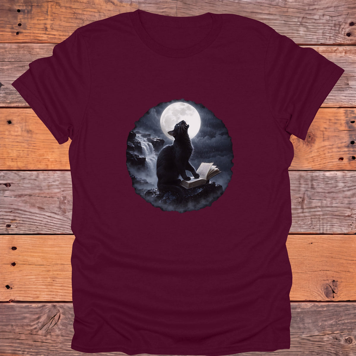 Black Cat Moon Reader Gothic Bookish T-Shirt - Maroon