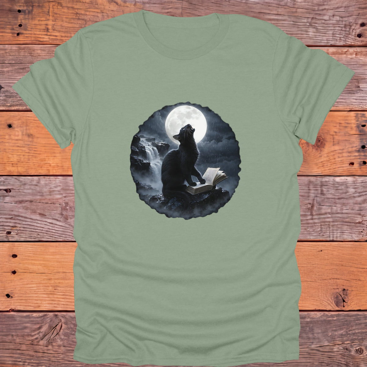 Black Cat Moon Reader Gothic Bookish T-Shirt - Sage