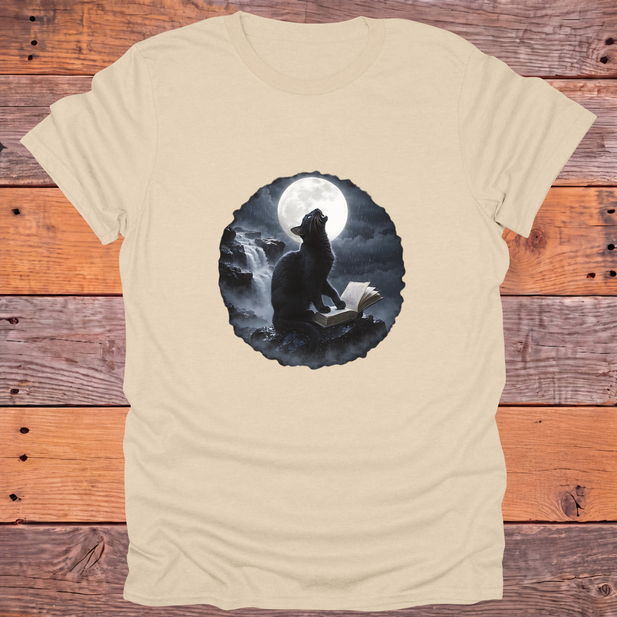 Black Cat Moon Reader Gothic Bookish T-Shirt - Sand