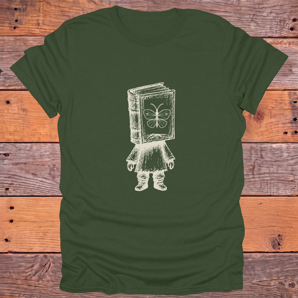 Book Head Reader Moth Bookish T-Shirt - Military Green