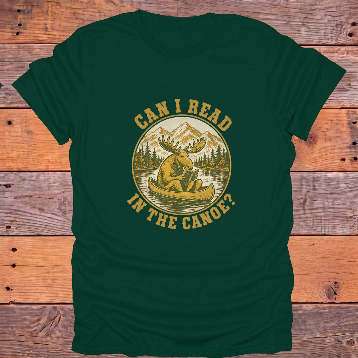 Can I Read in the Canoe Moose Bookish T-Shirt - Forest Green
