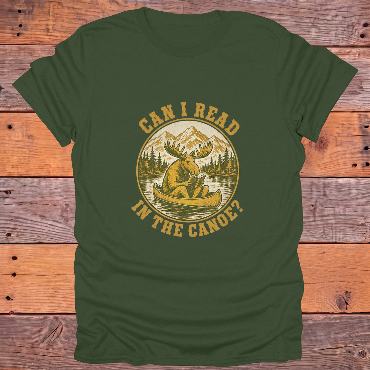 Can I Read in the Canoe Moose Bookish T-Shirt - Military Green