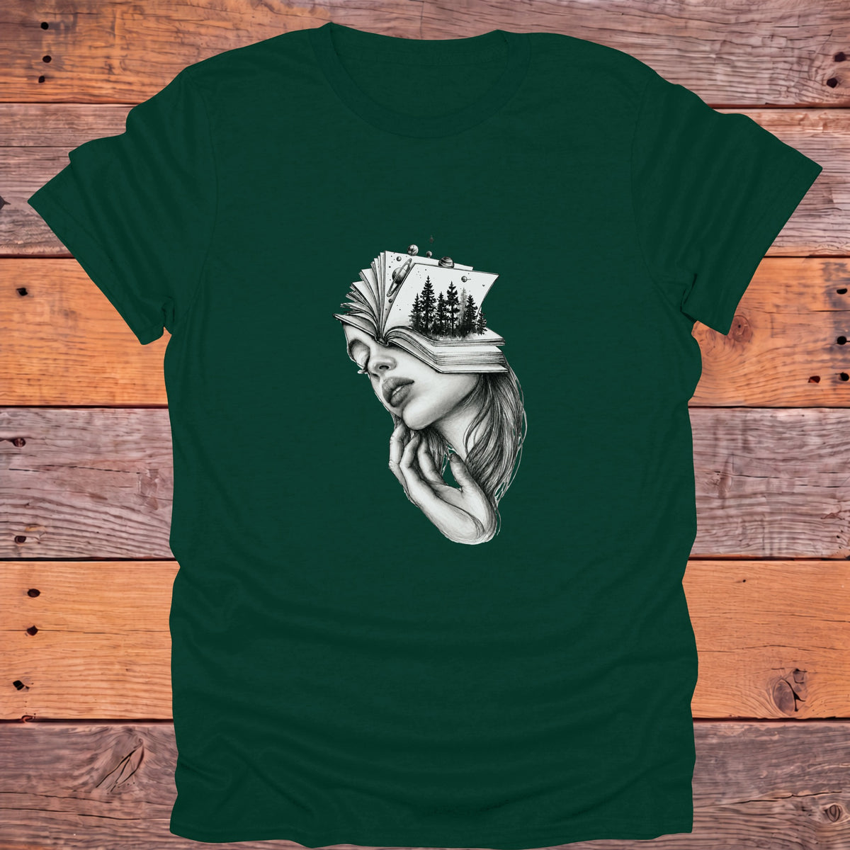 Dreaming Reader Fantasy Bookish T-Shirt - Forest Green