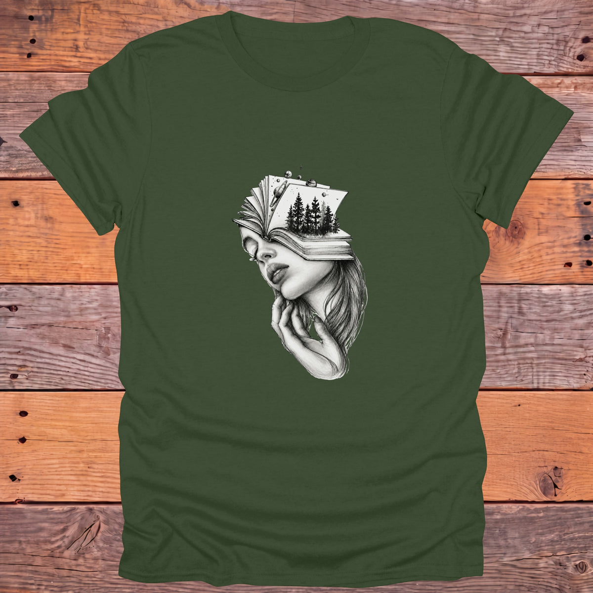 Dreaming Reader Fantasy Bookish T-Shirt - Military Green
