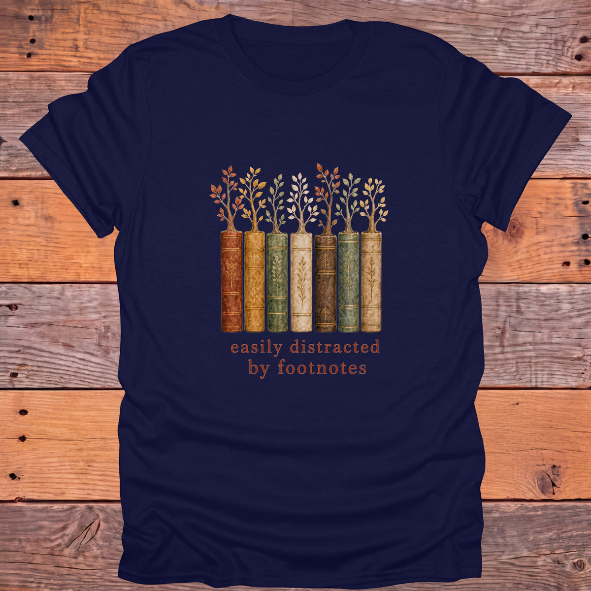 Easily Distracted by Footnotes Books and Trees Bookish T-Shirt - Navy