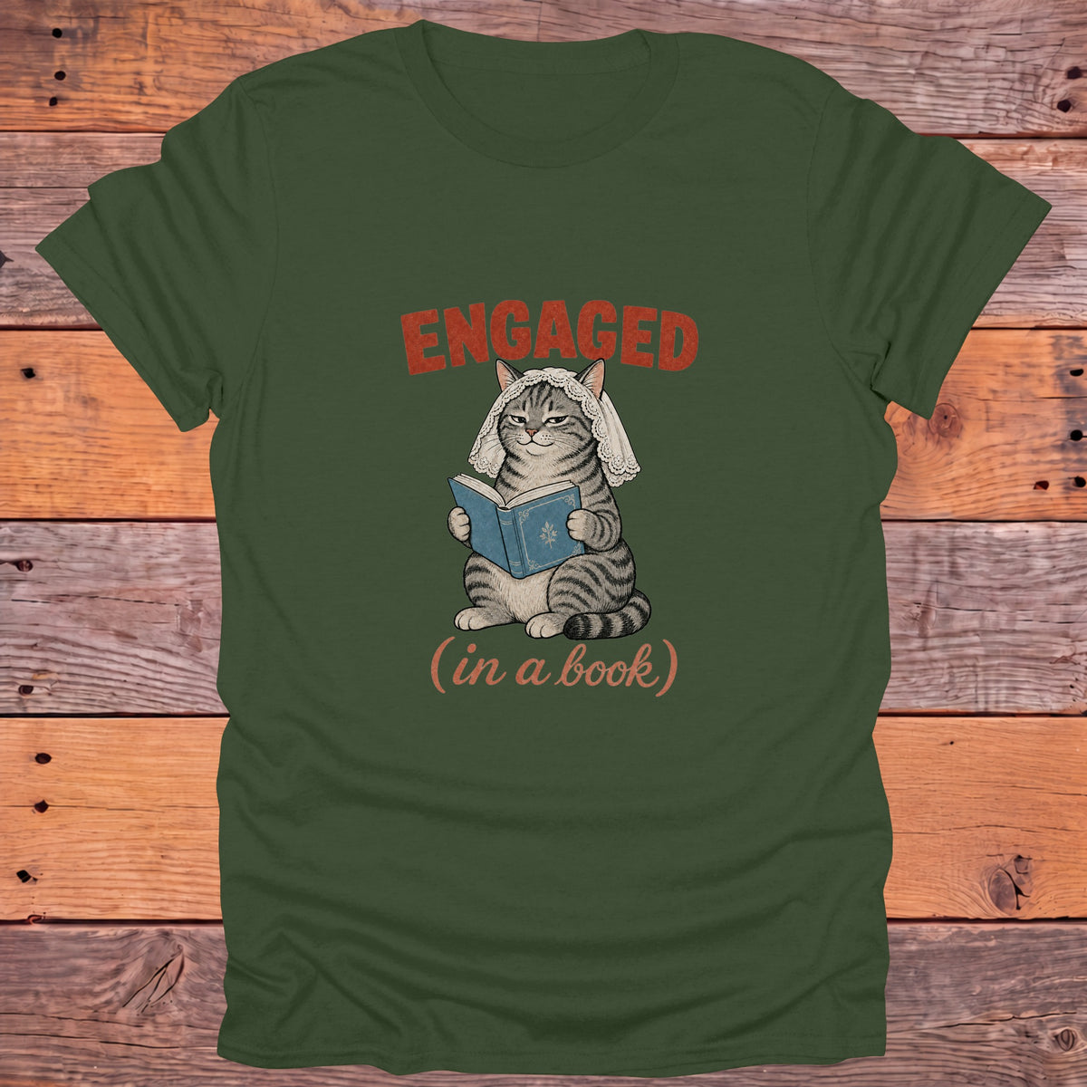 Engaged in a Book Cat Bookish T-Shirt - Military Green