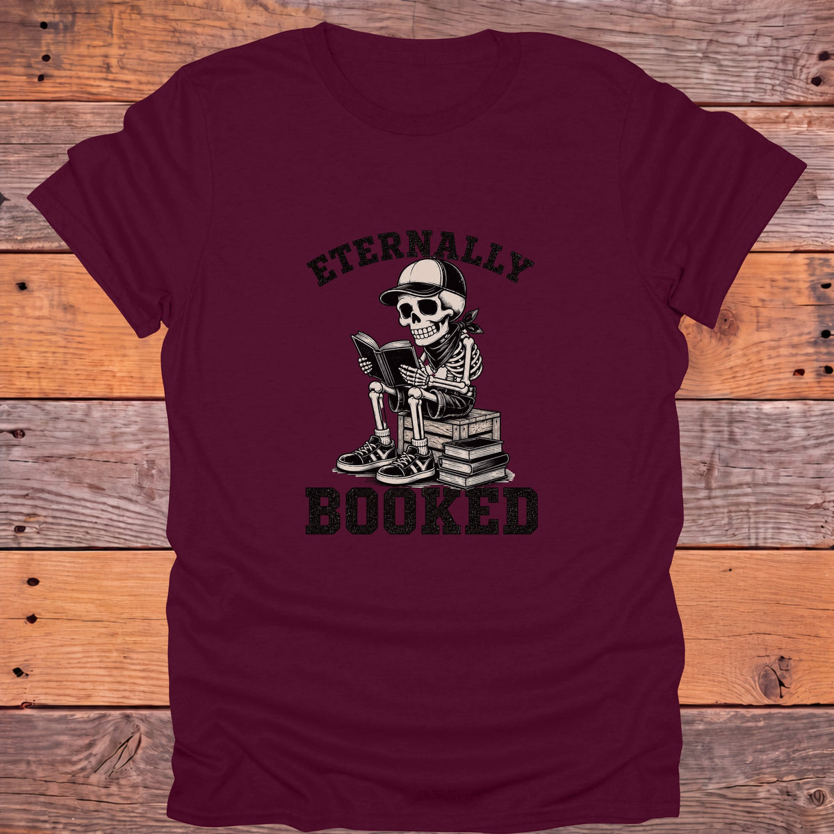Eternally Booked Skeleton Bookish T-Shirt - Maroon