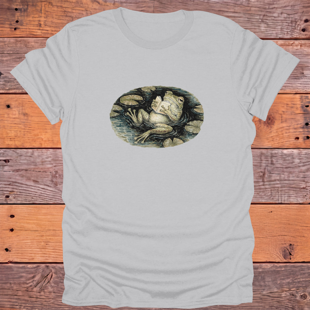 Frog Reading in the Pond Cottagecore Bookish T-Shirt - Ice Grey