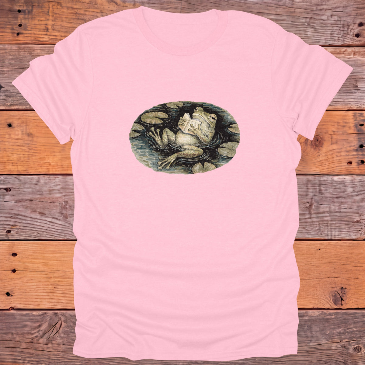 Frog Reading in the Pond Cottagecore Bookish T-Shirt - Light Pink