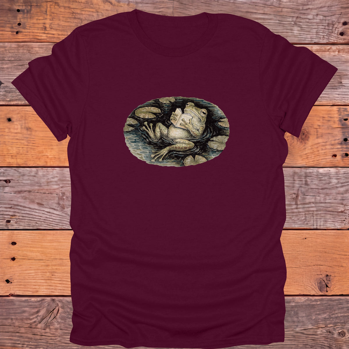Frog Reading in the Pond Cottagecore Bookish T-Shirt - Maroon