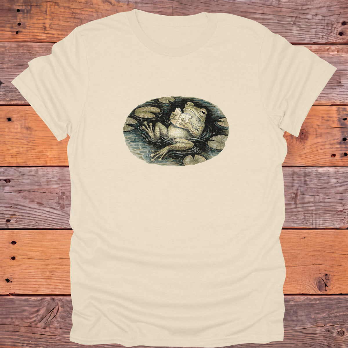 Frog Reading in the Pond Cottagecore Bookish T-Shirt - Natural