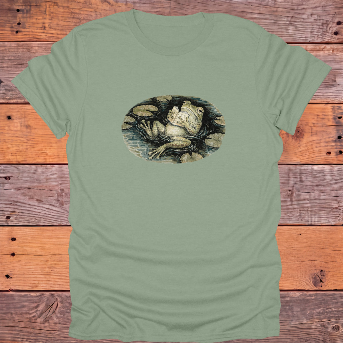 Frog Reading in the Pond Cottagecore Bookish T-Shirt - Sage