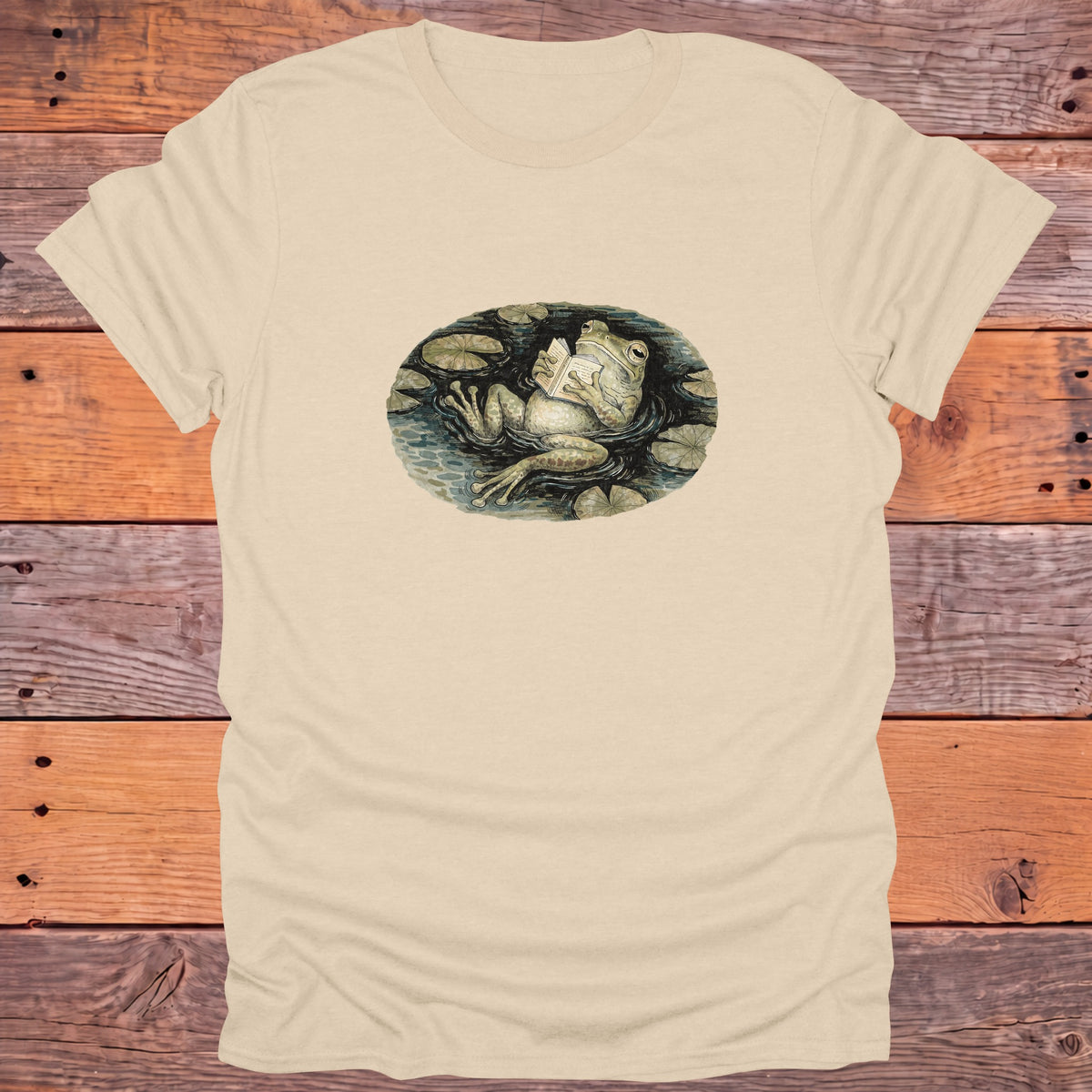 Frog Reading in the Pond Cottagecore Bookish T-Shirt - Sand