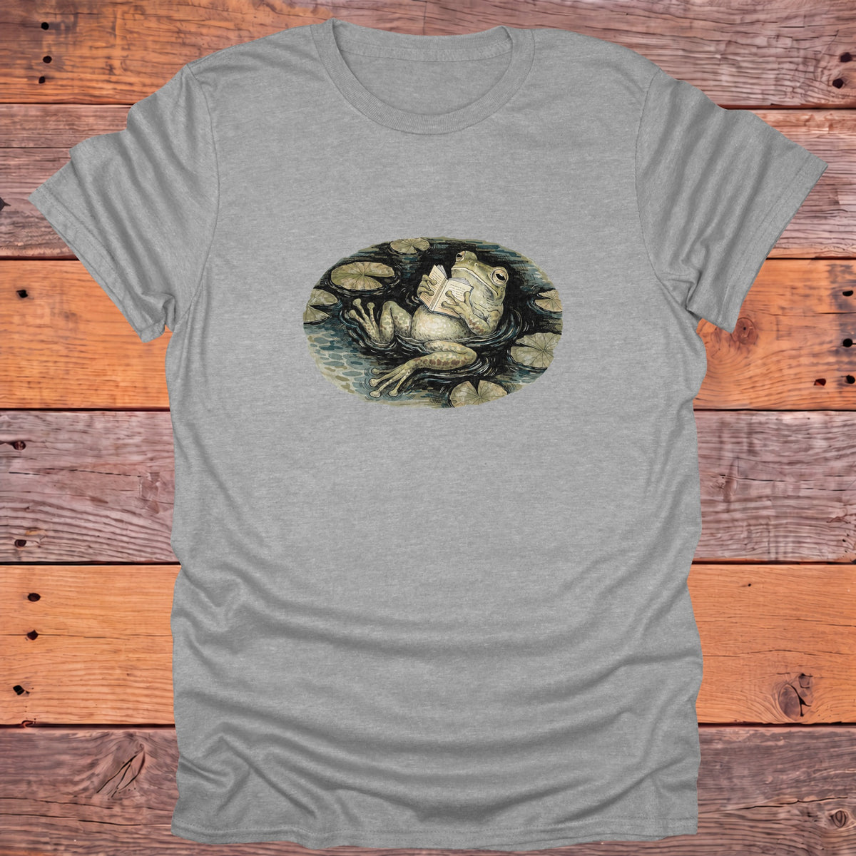 Frog Reading in the Pond Cottagecore Bookish T-Shirt - Sport Grey