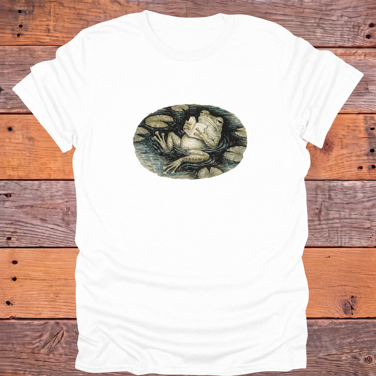Frog Reading in the Pond Cottagecore Bookish T-Shirt - White