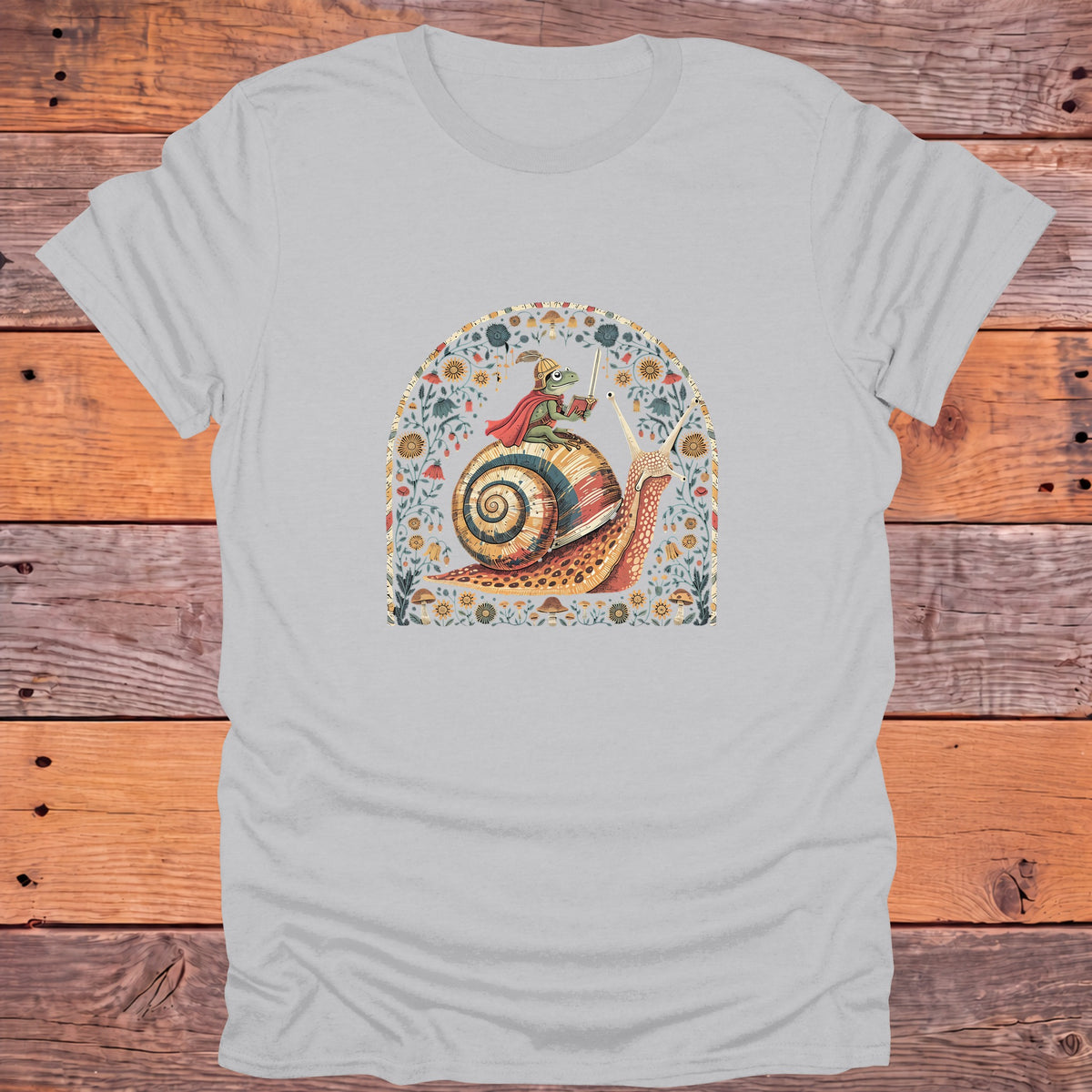 Frog Knight on a Snail Fantasy Bookish T-Shirt - Ice Grey