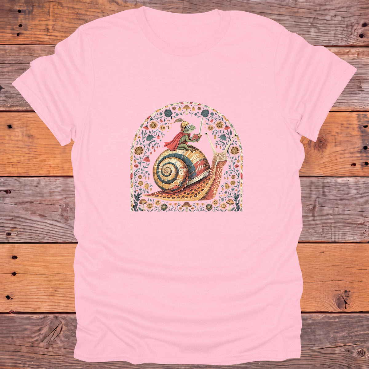 Frog Knight on a Snail Fantasy Bookish T-Shirt - Light Pink