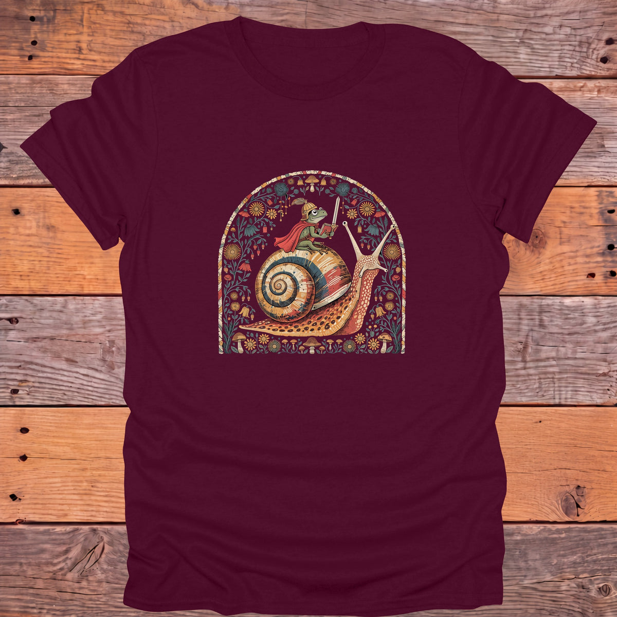 Frog Knight on a Snail Fantasy Bookish T-Shirt - Maroon