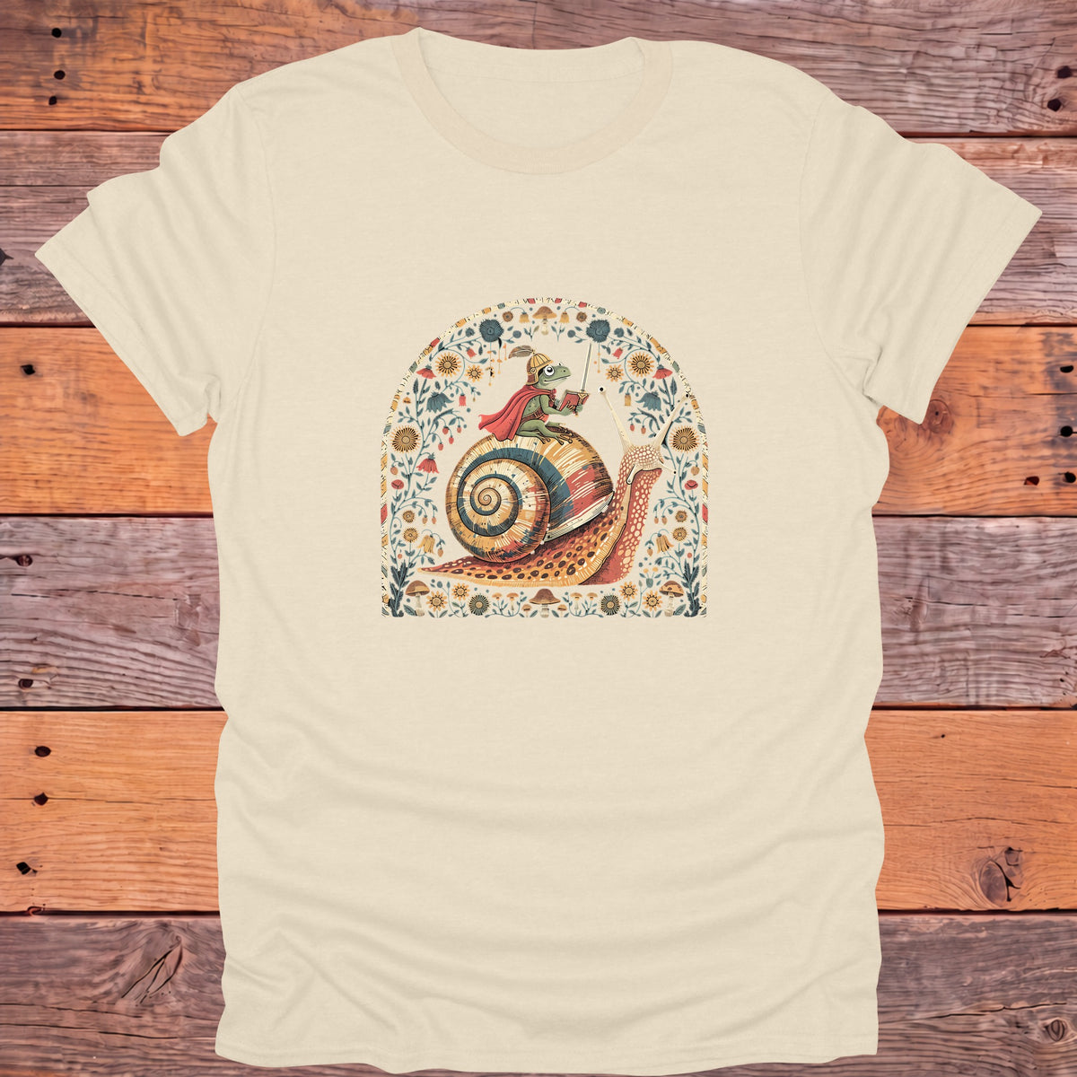 Frog Knight on a Snail Fantasy Bookish T-Shirt - Natural