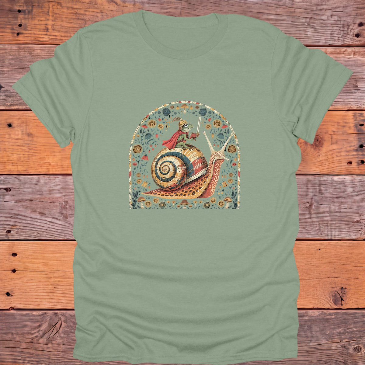 Frog Knight on a Snail Fantasy Bookish T-Shirt - Sage