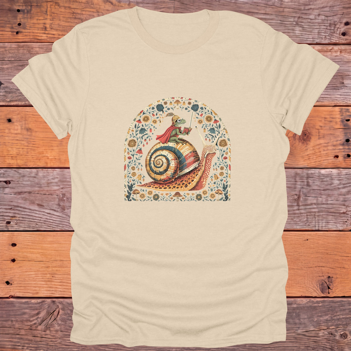 Frog Knight on a Snail Fantasy Bookish T-Shirt - Sand