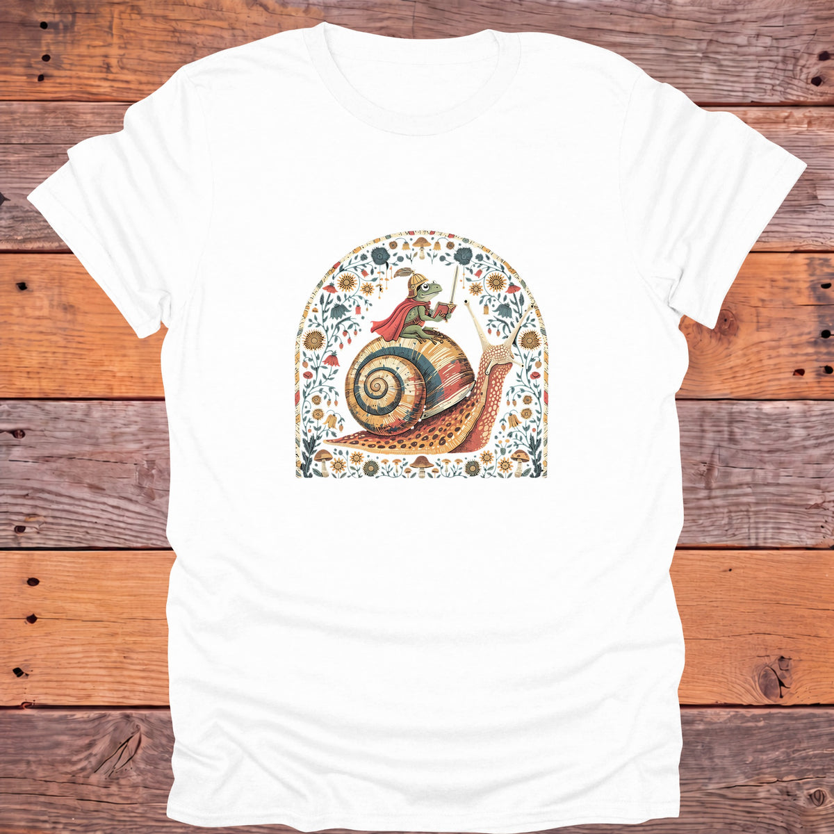 Frog Knight on a Snail Fantasy Bookish T-Shirt - White