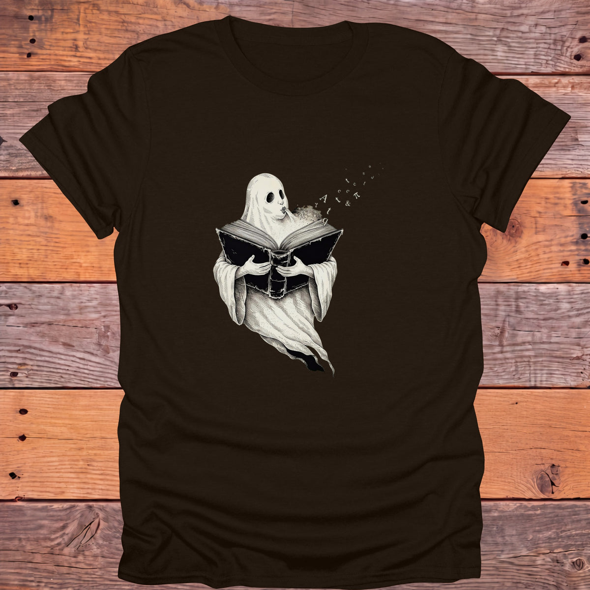 Ghost Reading Old Books Bookish T-Shirt - Dark Chocolate