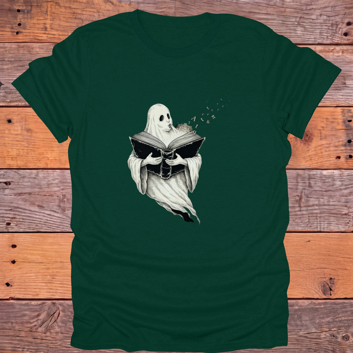 Ghost Reading Old Books Bookish T-Shirt - Forest Green