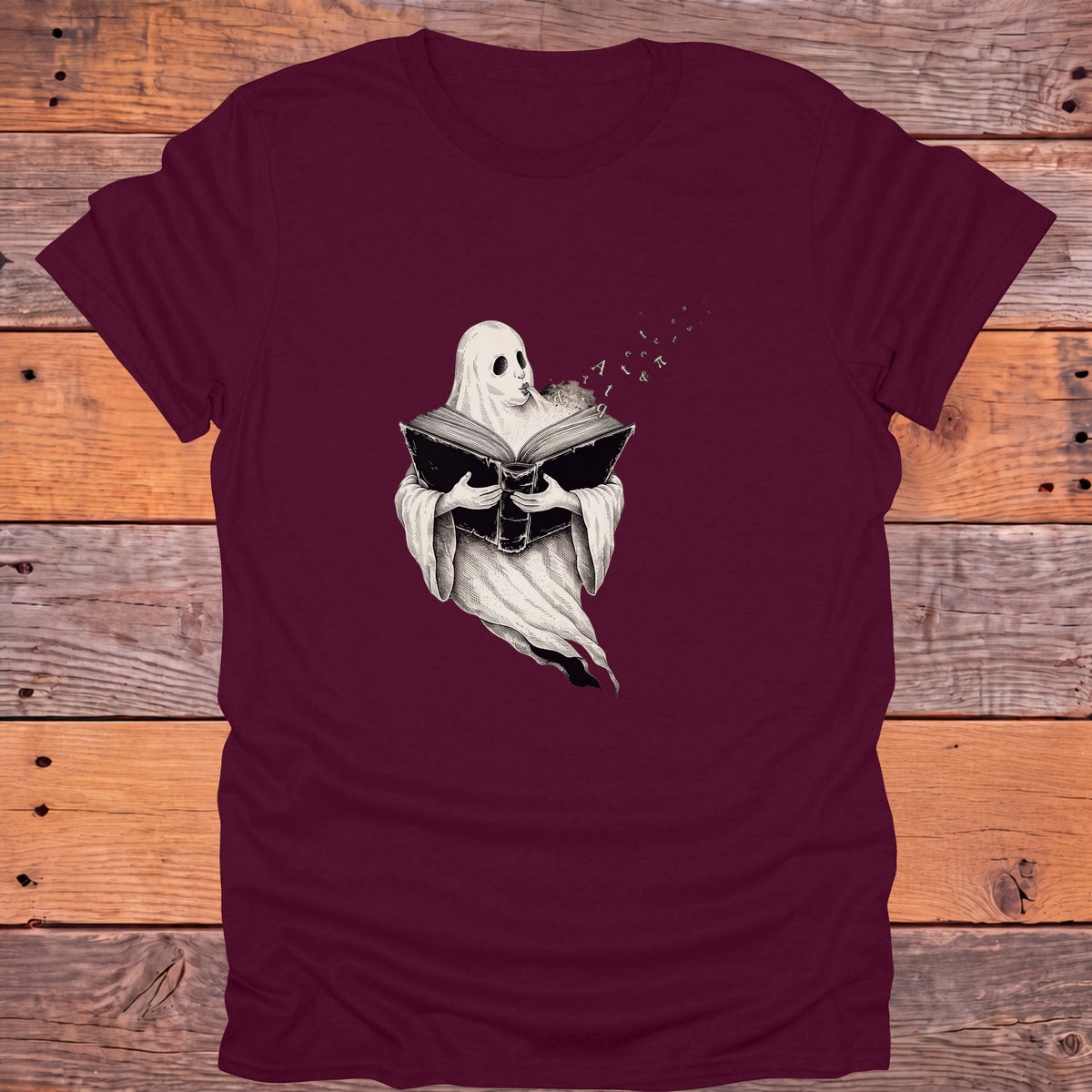 Ghost Reading Old Books Bookish T-Shirt - Maroon