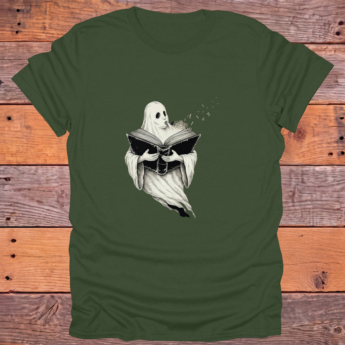 Ghost Reading Old Books Bookish T-Shirt - Military Green