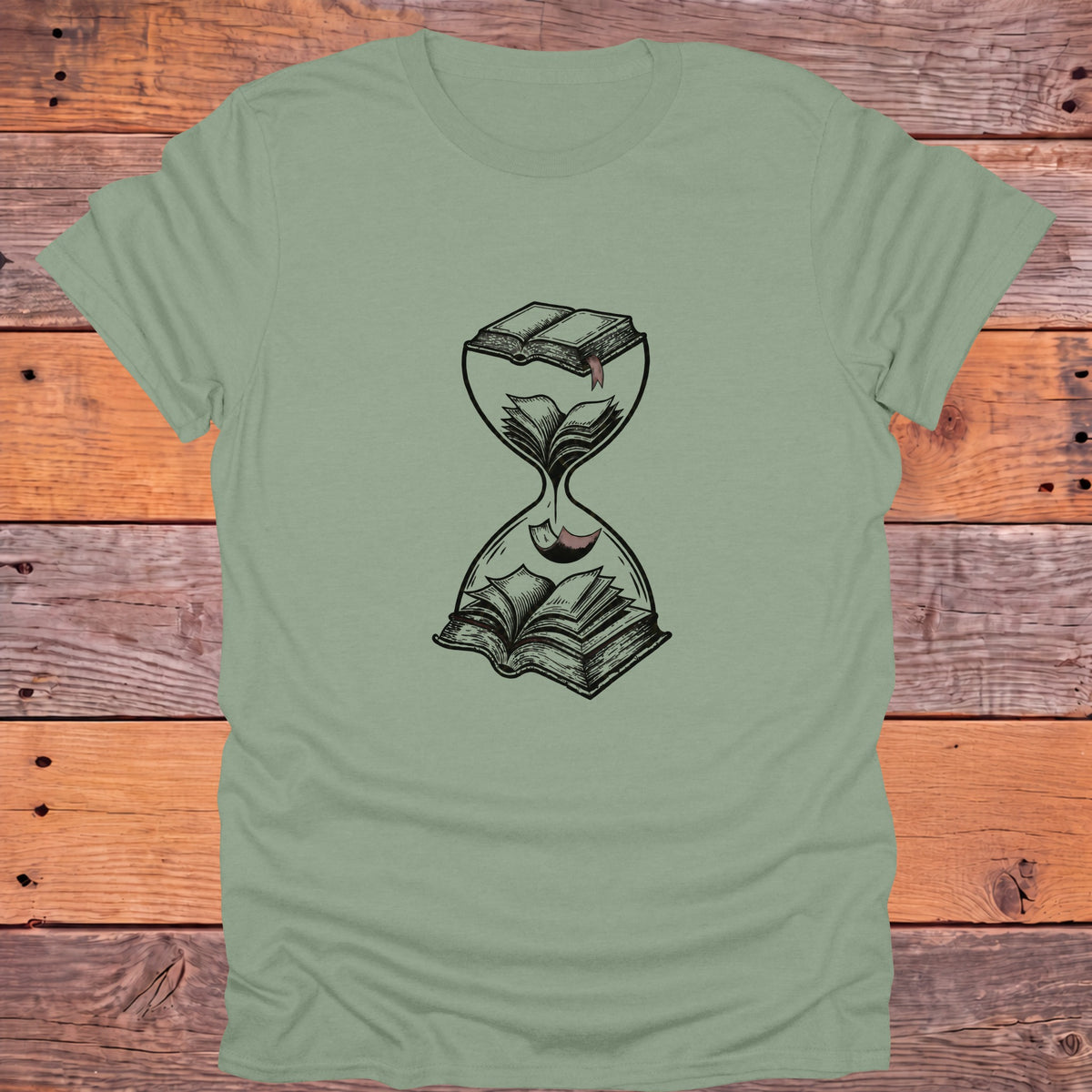Hourglass Falling Pages Bookish T-Shirt - Sage