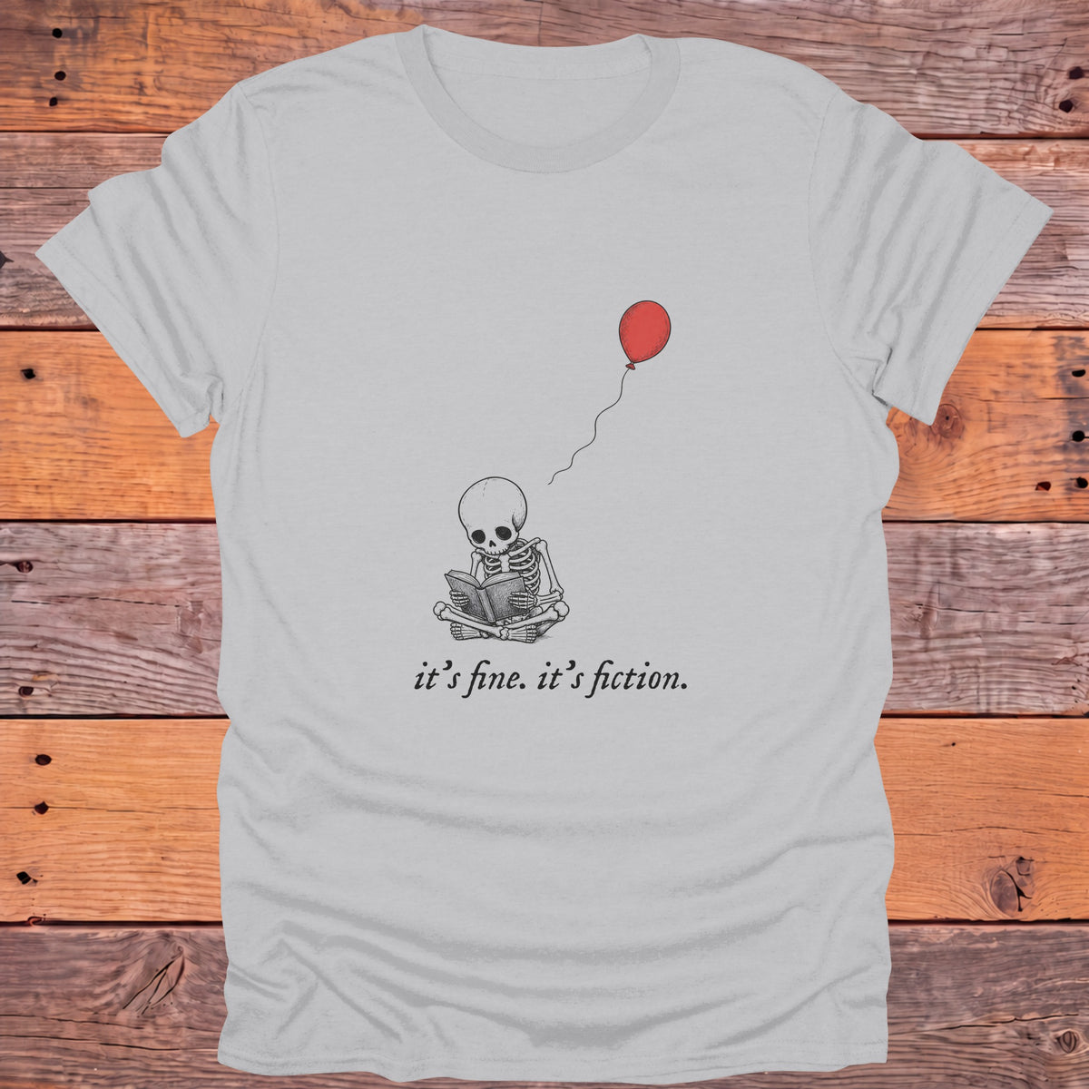 It's Fine It's Fiction Skeleton Bookish T-Shirt - Ice Grey