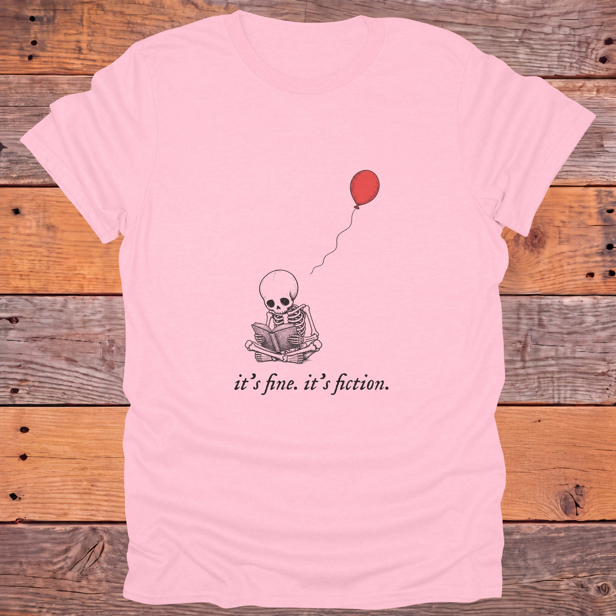 It's Fine It's Fiction Skeleton Bookish T-Shirt - Light Pink