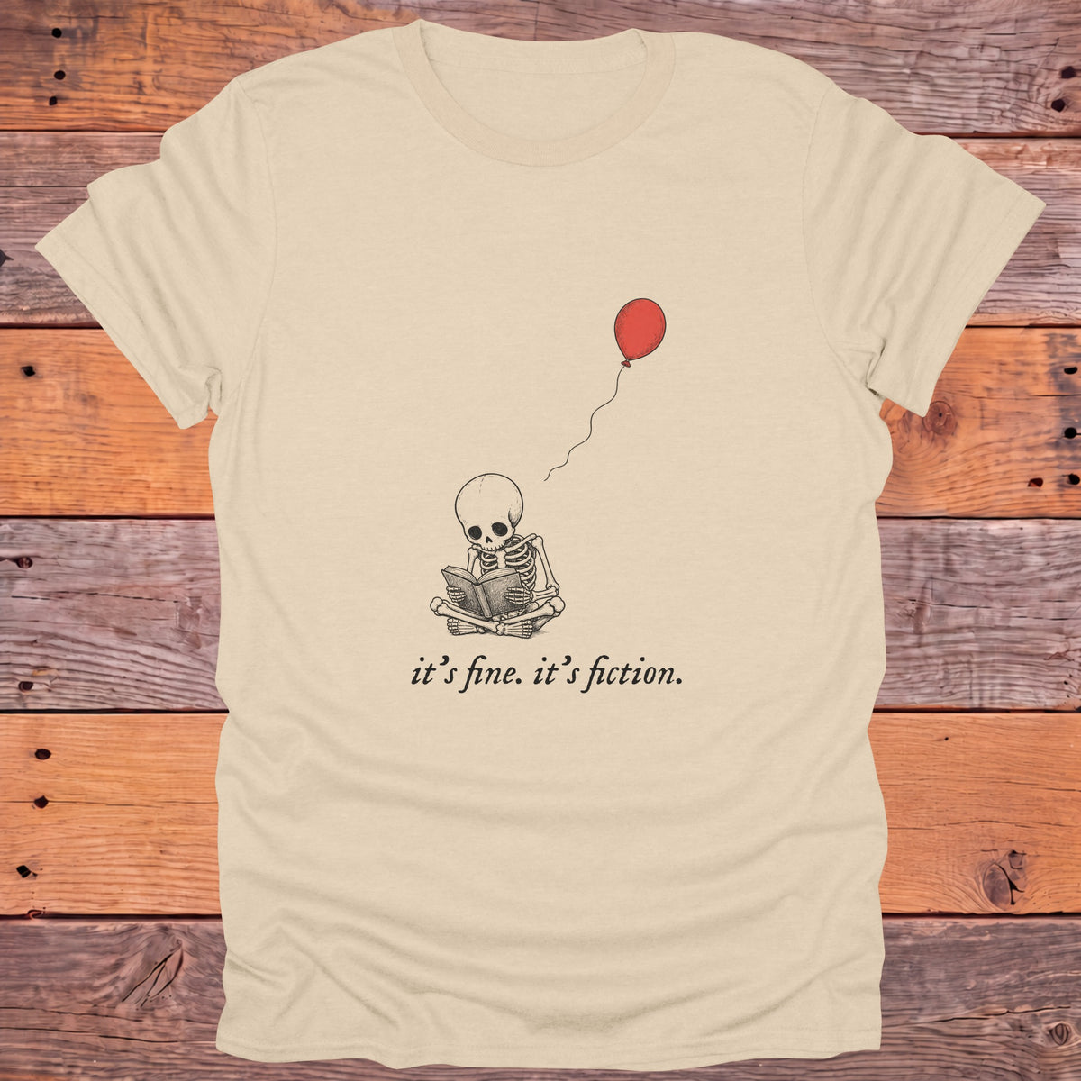 It's Fine It's Fiction Skeleton Bookish T-Shirt - Sand