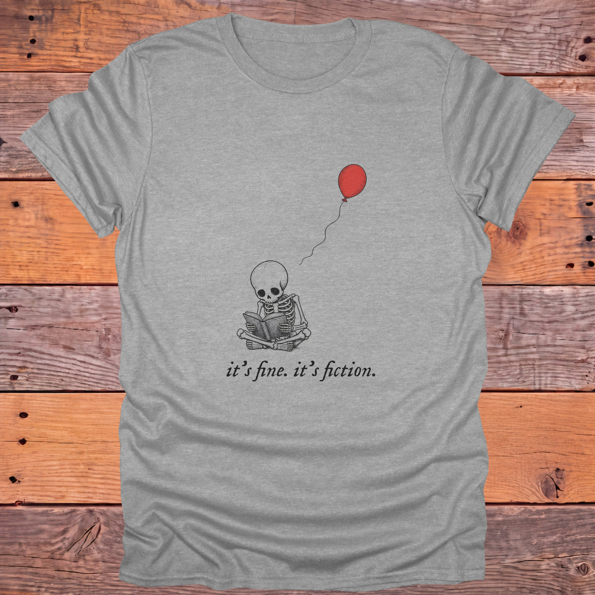 It's Fine It's Fiction Skeleton Bookish T-Shirt - Sport Grey