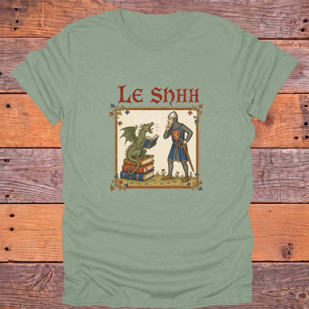 Le Shhh Medieval Library Bookish T-Shirt - Sage