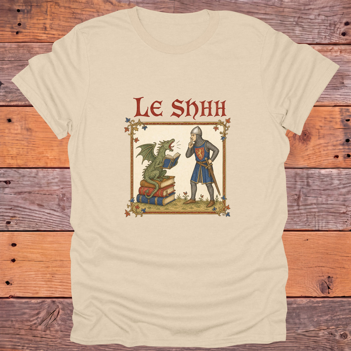 Le Shhh Medieval Library Bookish T-Shirt - Sand