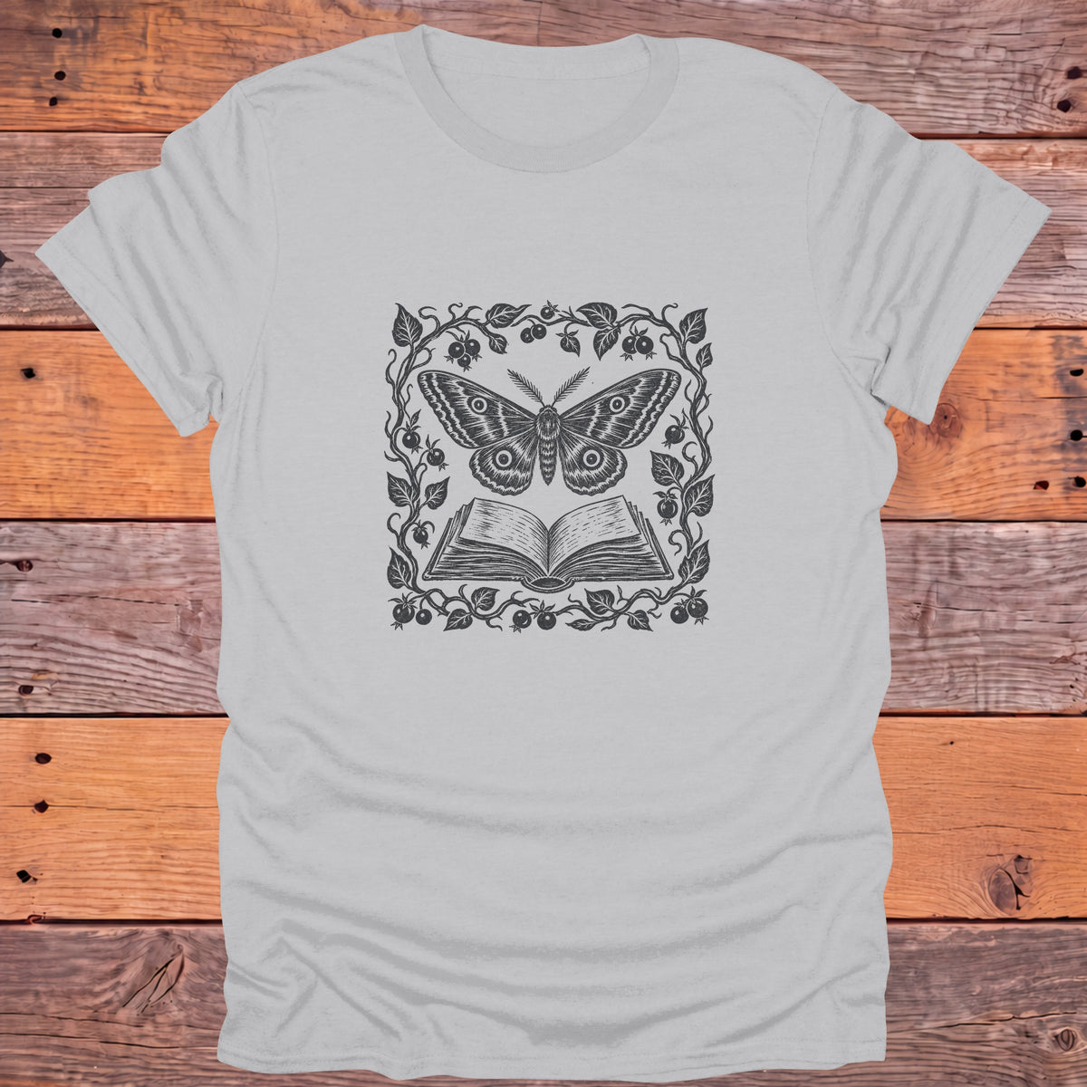 Luna Moth Open Book Berry Vines Bookish T-Shirt - Ice Grey