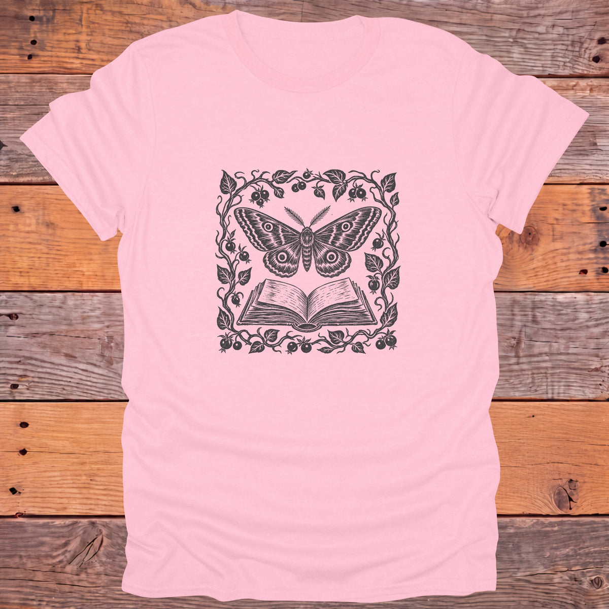 Luna Moth Open Book Berry Vines Bookish T-Shirt - Light Pink