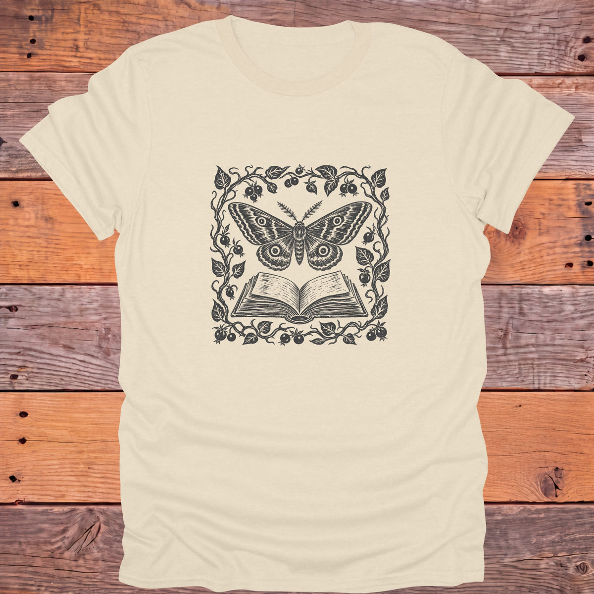 Luna Moth Open Book Berry Vines Bookish T-Shirt - Natural