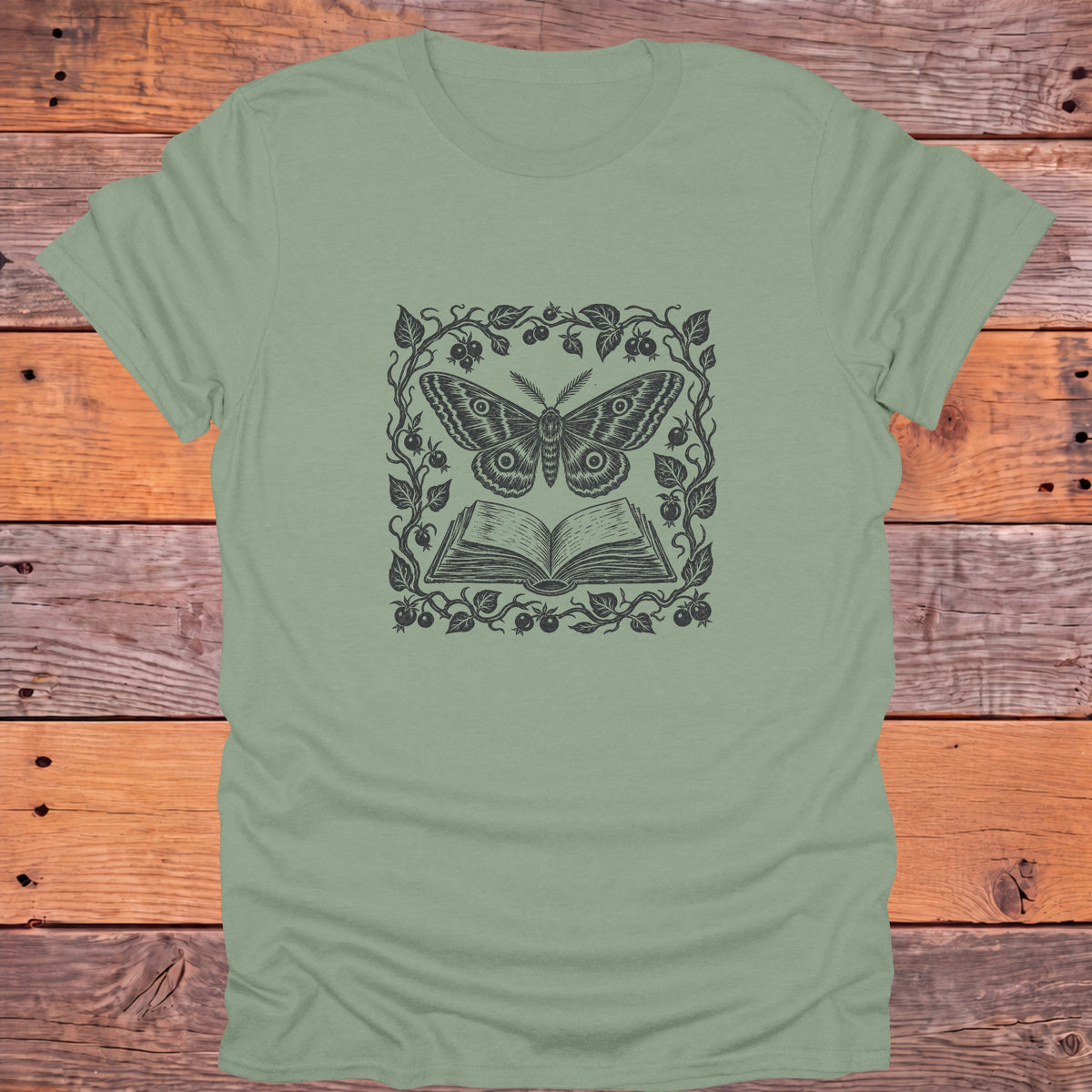 Luna Moth Open Book Berry Vines Bookish T-Shirt - Sage