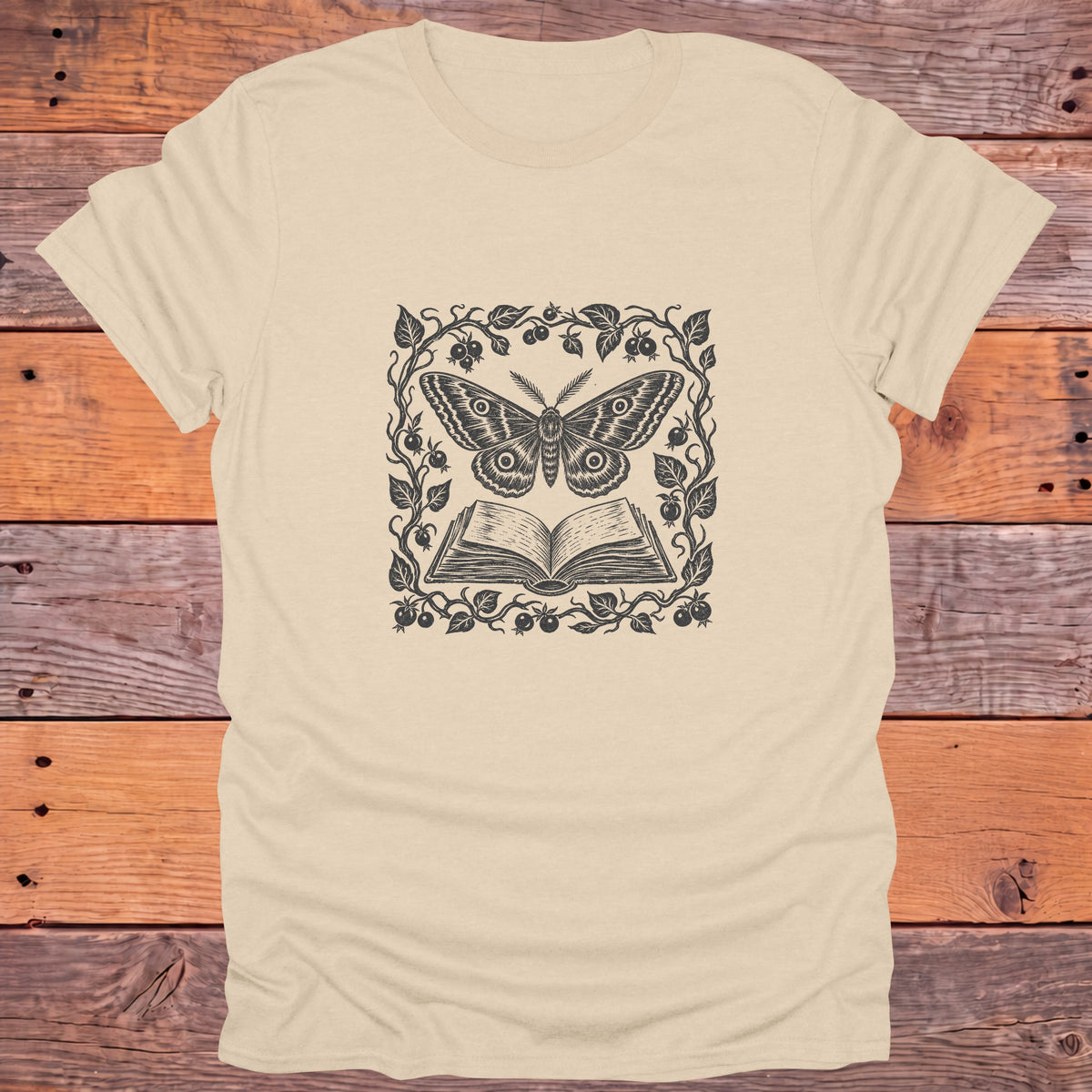 Luna Moth Open Book Berry Vines Bookish T-Shirt - Sand