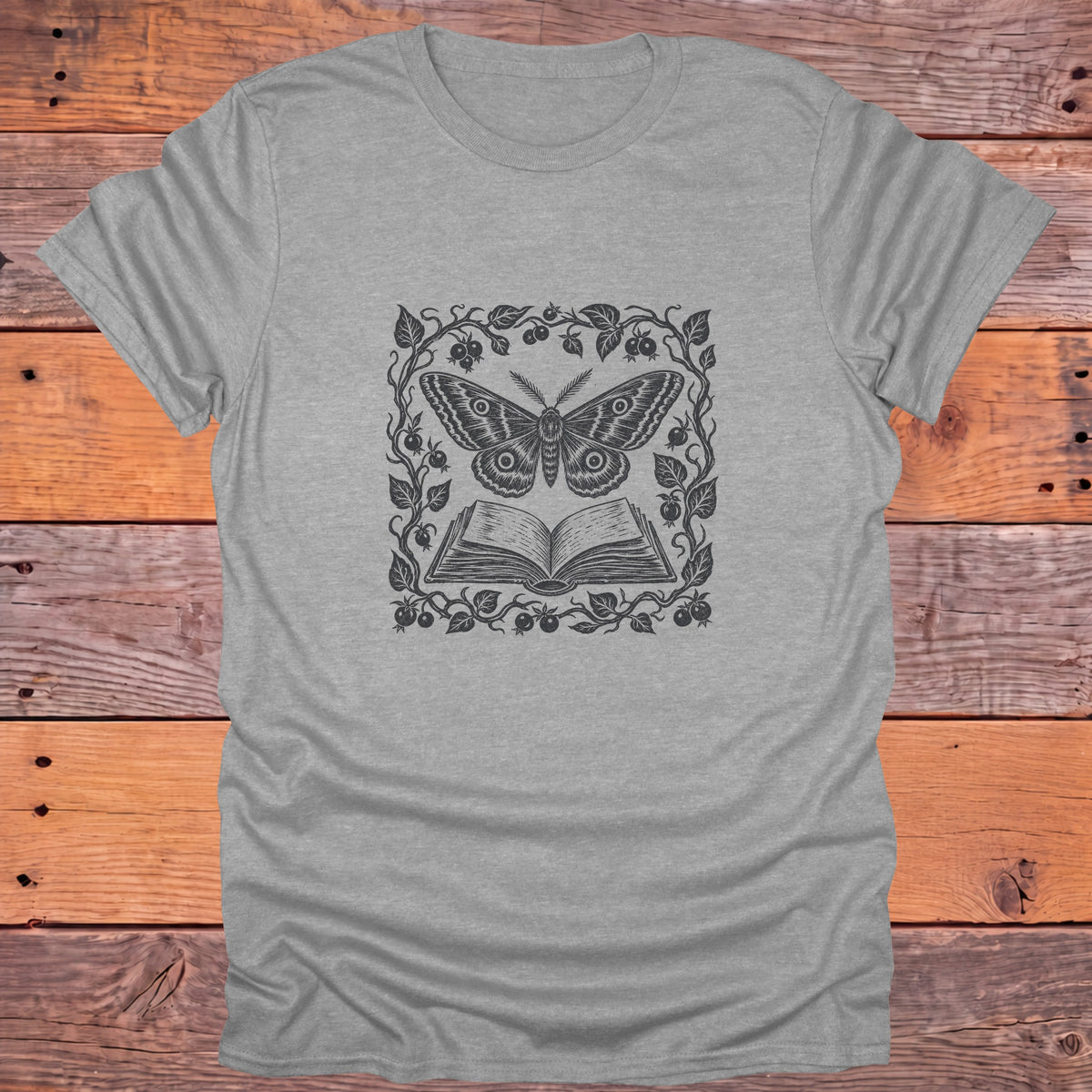 Luna Moth Open Book Berry Vines Bookish T-Shirt - Sport Grey