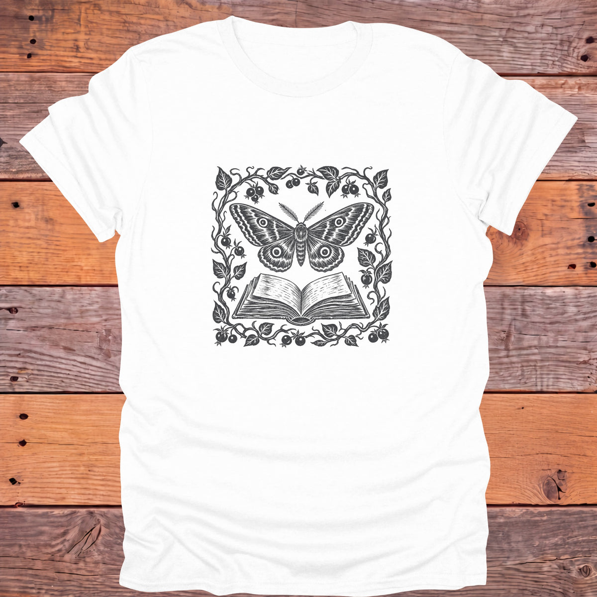 Luna Moth Open Book Berry Vines Bookish T-Shirt - White