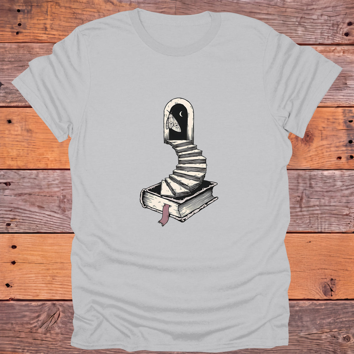 Moth Doorway Book Staircase Gothic Bookish T-Shirt - Ice Grey
