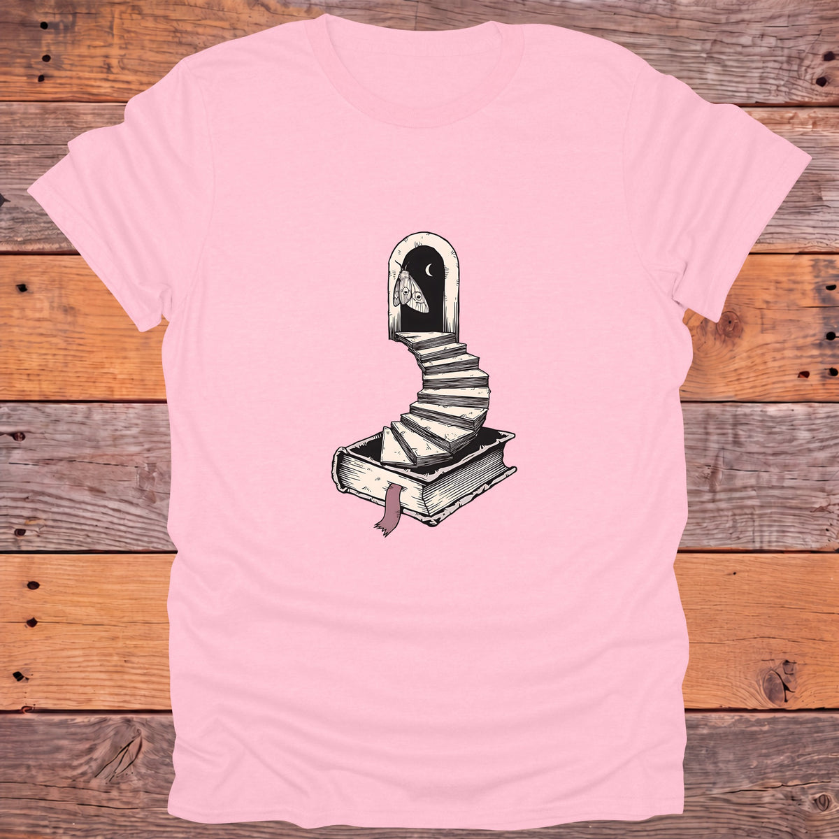 Moth Doorway Book Staircase Gothic Bookish T-Shirt - Light Pink