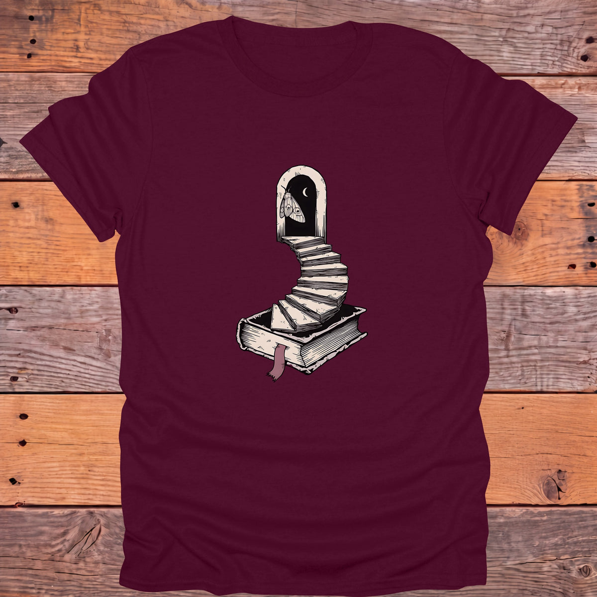 Moth Doorway Book Staircase Gothic Bookish T-Shirt - Maroon