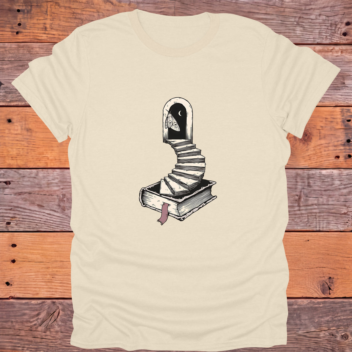 Moth Doorway Book Staircase Gothic Bookish T-Shirt - Natural